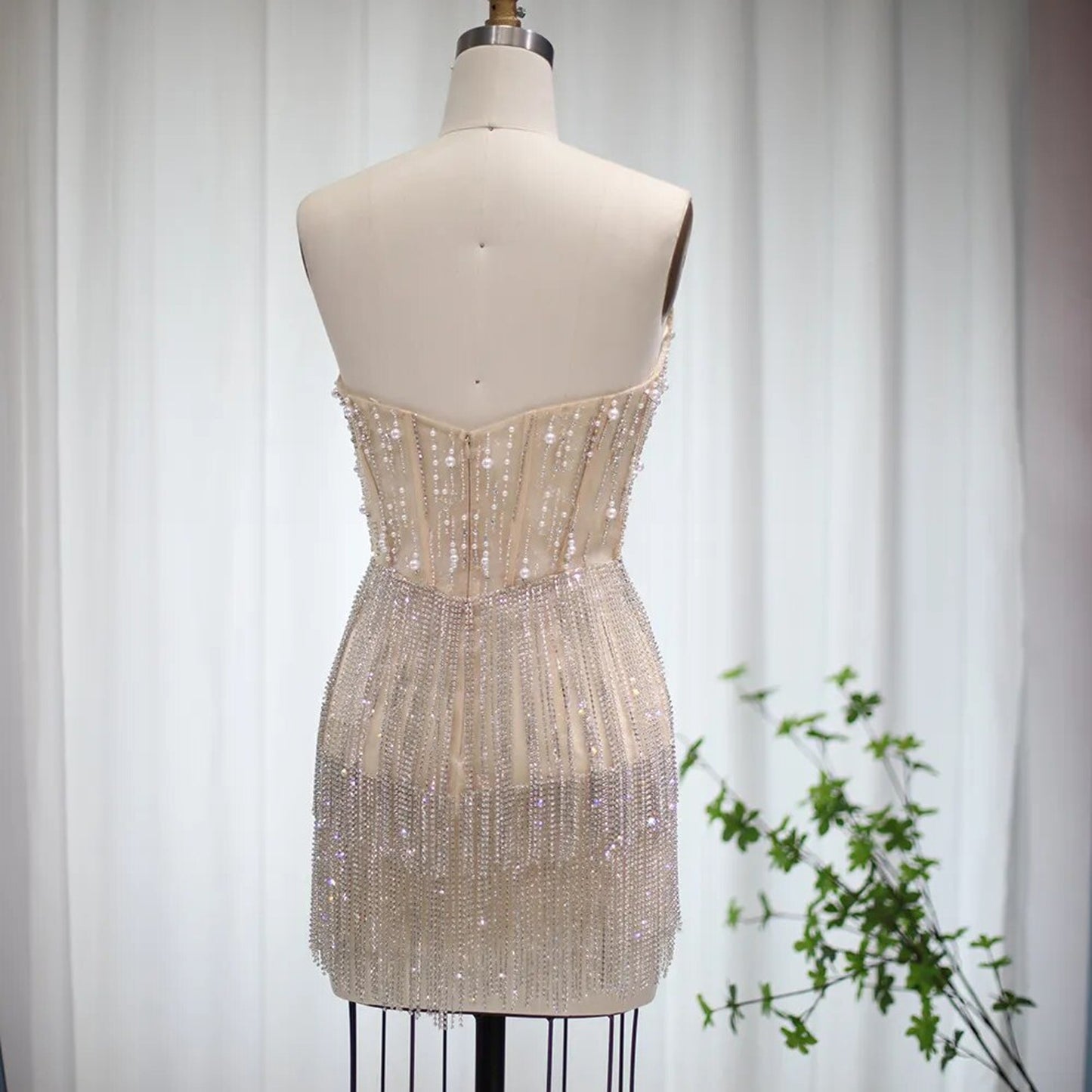 Ready to Ship | Embellished Pearl and Rhinestone Strapless Tassel Mini Dress