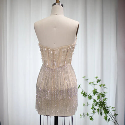 Ready to Ship | Embellished Pearl and Rhinestone Strapless Tassel Mini Dress