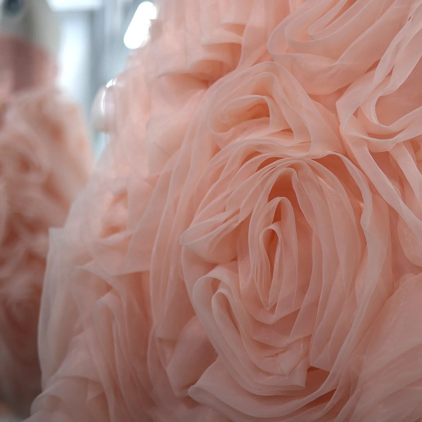 Strapless Rose Ruffle Tulle Midi Dress