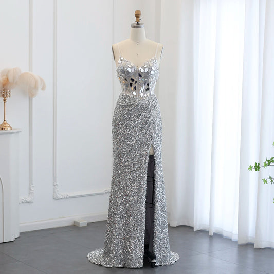 Sequin Mirror Rhinestone Embellished Sheer Corset Evening Dress