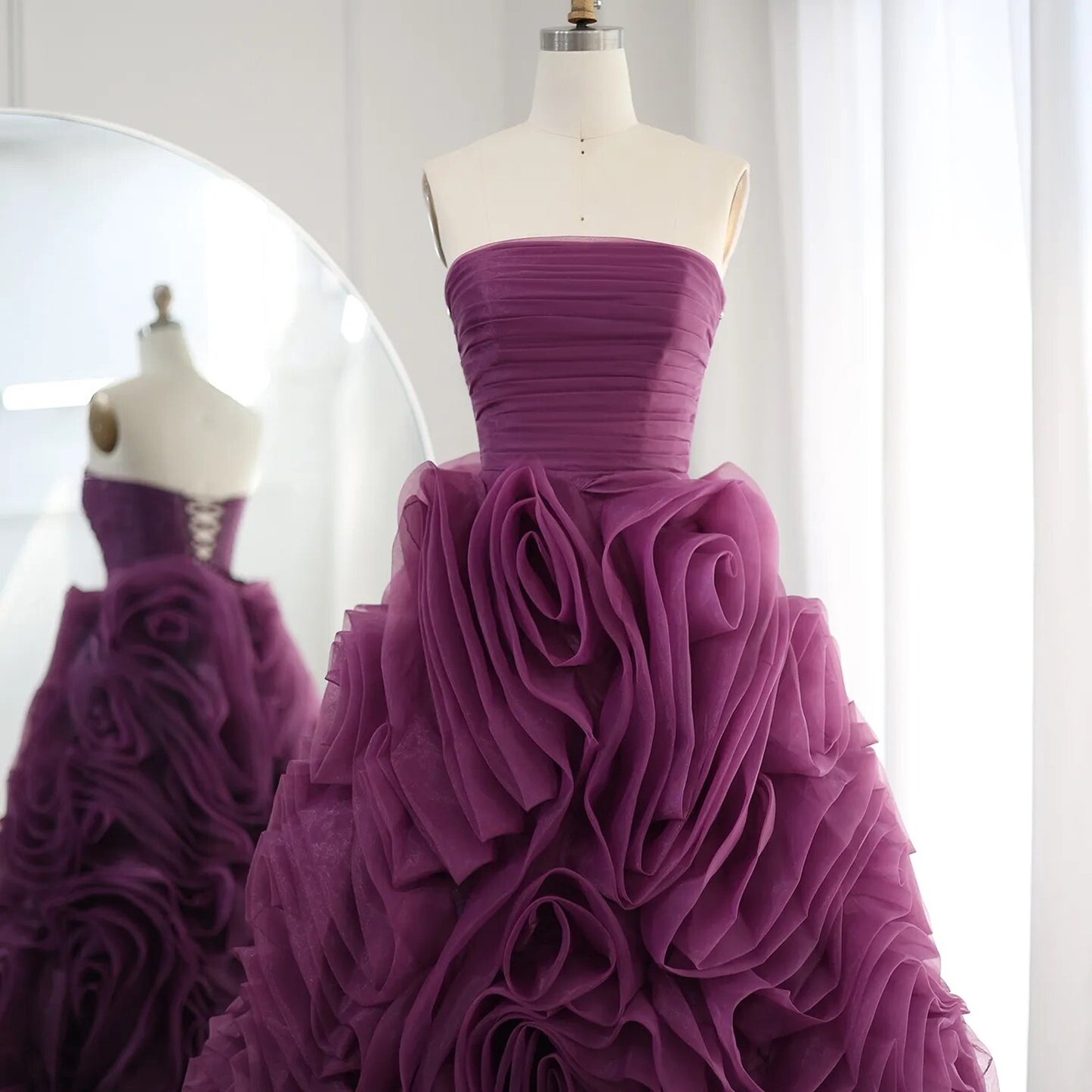 Strapless Rose Ruffle Tulle Midi Dress