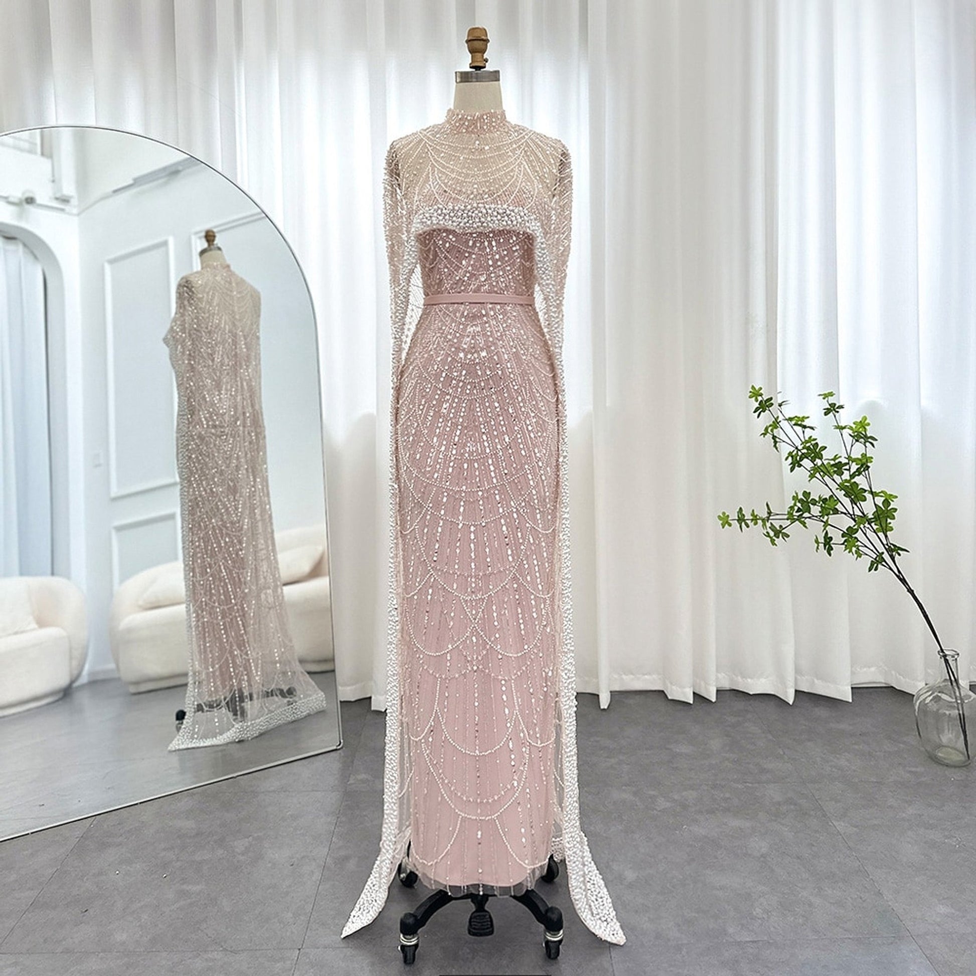 Light Pink Embellished Pearl and Sequin Color Cape Dress BOUGIE GLITTER Light Pink Embellished Pearl and Sequin Color Cape Dress BOUGIE GLITTER