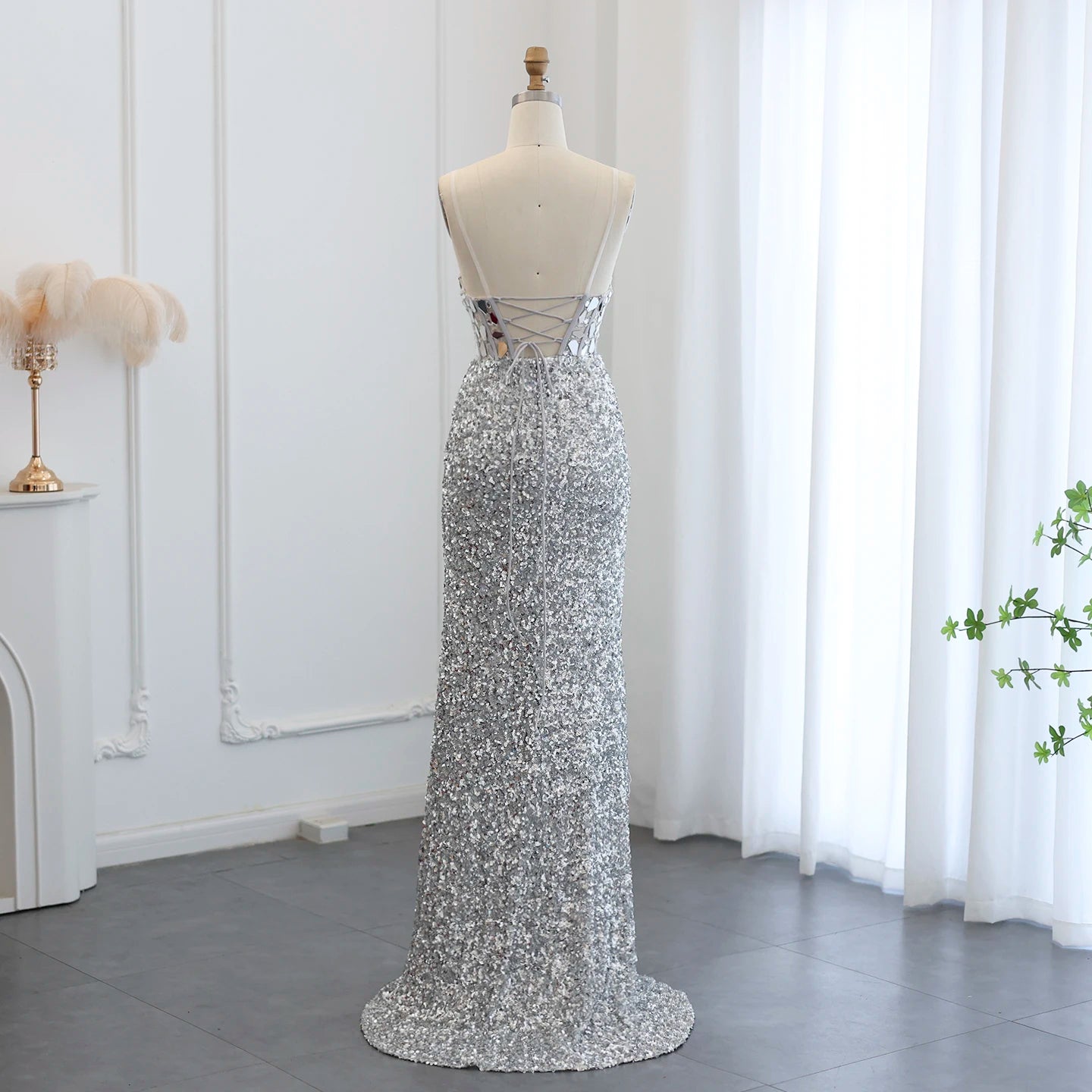 Sequin Mirror Rhinestone Embellished Sheer Corset Evening Dress BOUGIE GLITTER Sequin Mirror Rhinestone Embellished Sheer Corset Evening Dress BOUGIE GLITTER