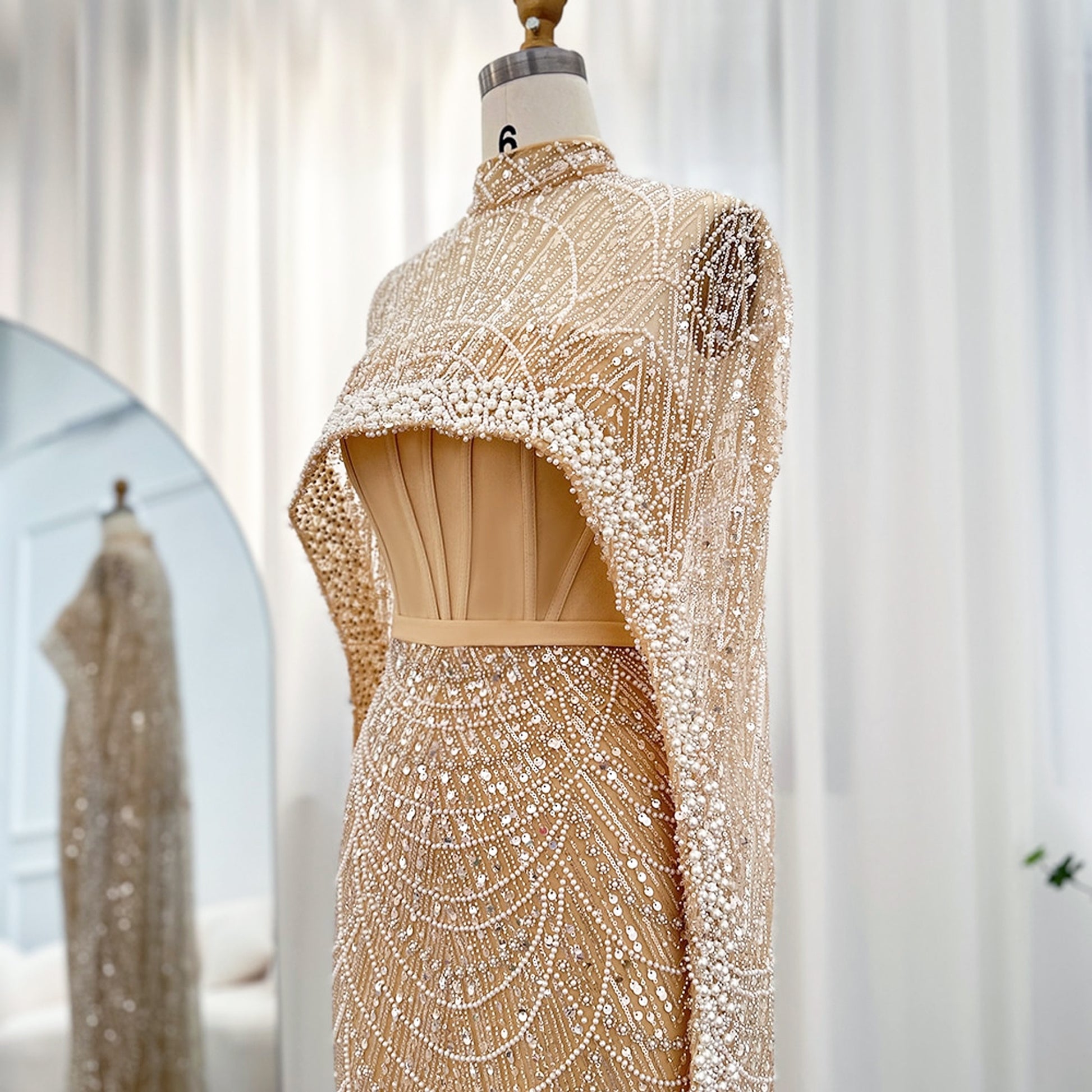 Embellished Pearl and Sequin Cape Dress BOUGIE GLITTER Embellished Pearl and Sequin Cape Dress BOUGIE GLITTER