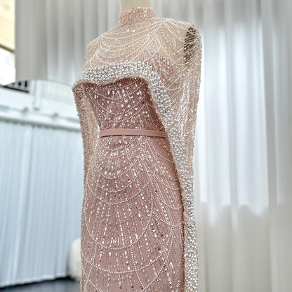 Light Pink Embellished Pearl and Sequin Color Cape Dress BOUGIE GLITTER Light Pink Embellished Pearl and Sequin Color Cape Dress BOUGIE GLITTER