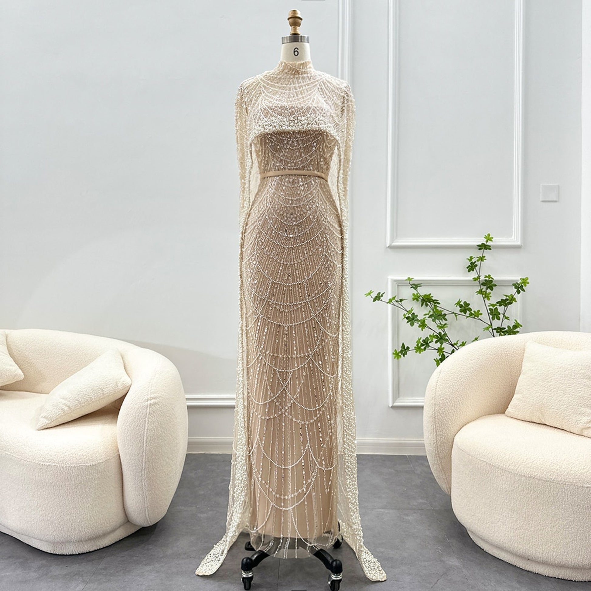 Embellished Pearl and Sequin Cape Dress Full Lining - Embellished Bodice Long Sleeves / 16 Embellished Pearl and Sequin Cape Dress Full Lining - Embellished Bodice Long Sleeves / 16