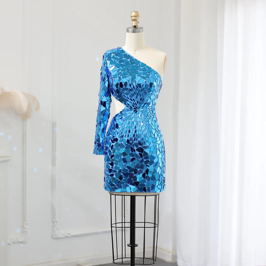 Mirror Embellished One Sleeve Cutout Mini Dress
