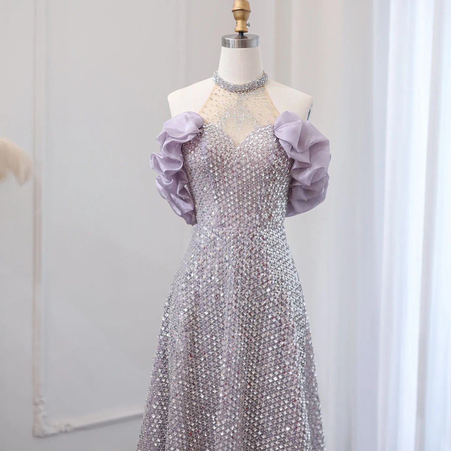 Off The Shoulder Ruffle Rhinestone Sequin Embellished Dress