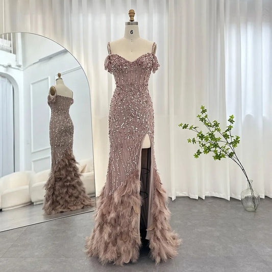 Sequin Beaded Feather Embellished Evening Dress