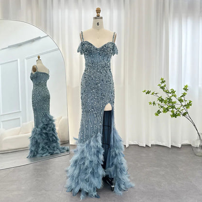 Sequin Beaded Feather Embellished Evening Dress
