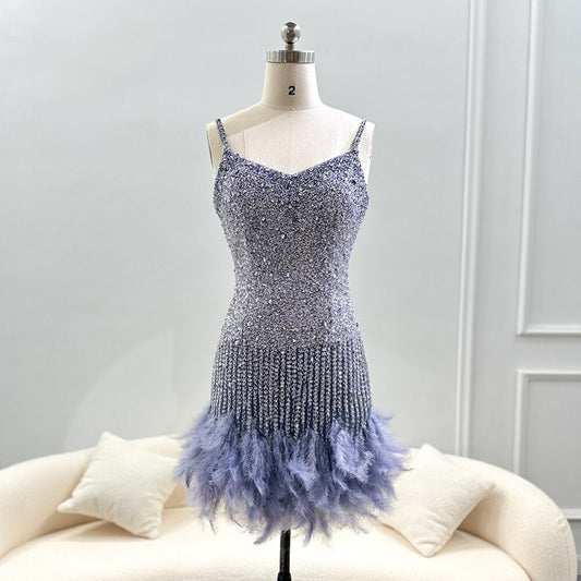 Feather and Rhinestone Beaded Spaghetti Strap Mini Dress