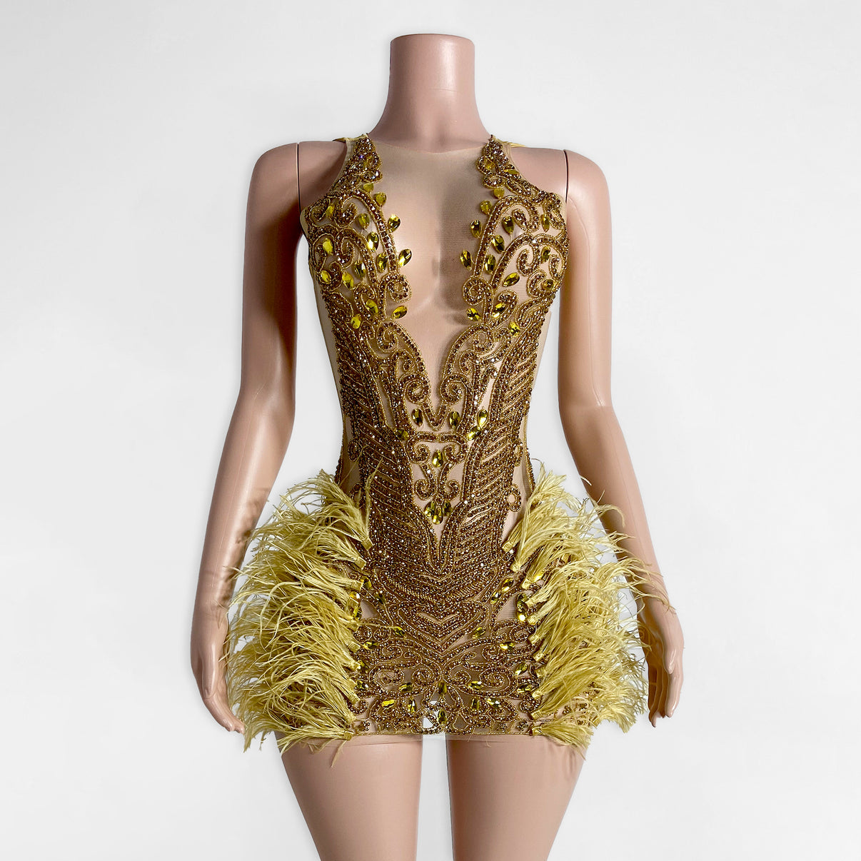 Rhinestone Halter Feather Patchwork Mini Dresses