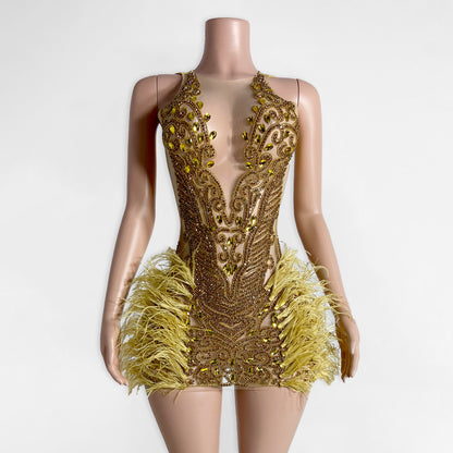 Mia Rhinestone Beaded Feather Mini Dress