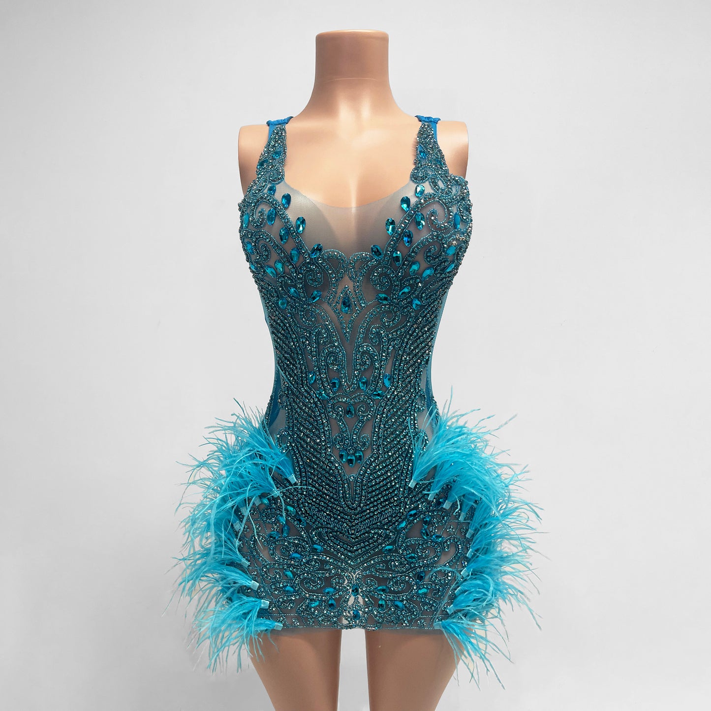 Mia Rhinestone Beaded Feather Mini Dress