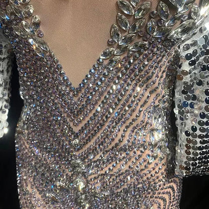 Rhinestone Crystal and Sequin Sheer Fishtail Dress
