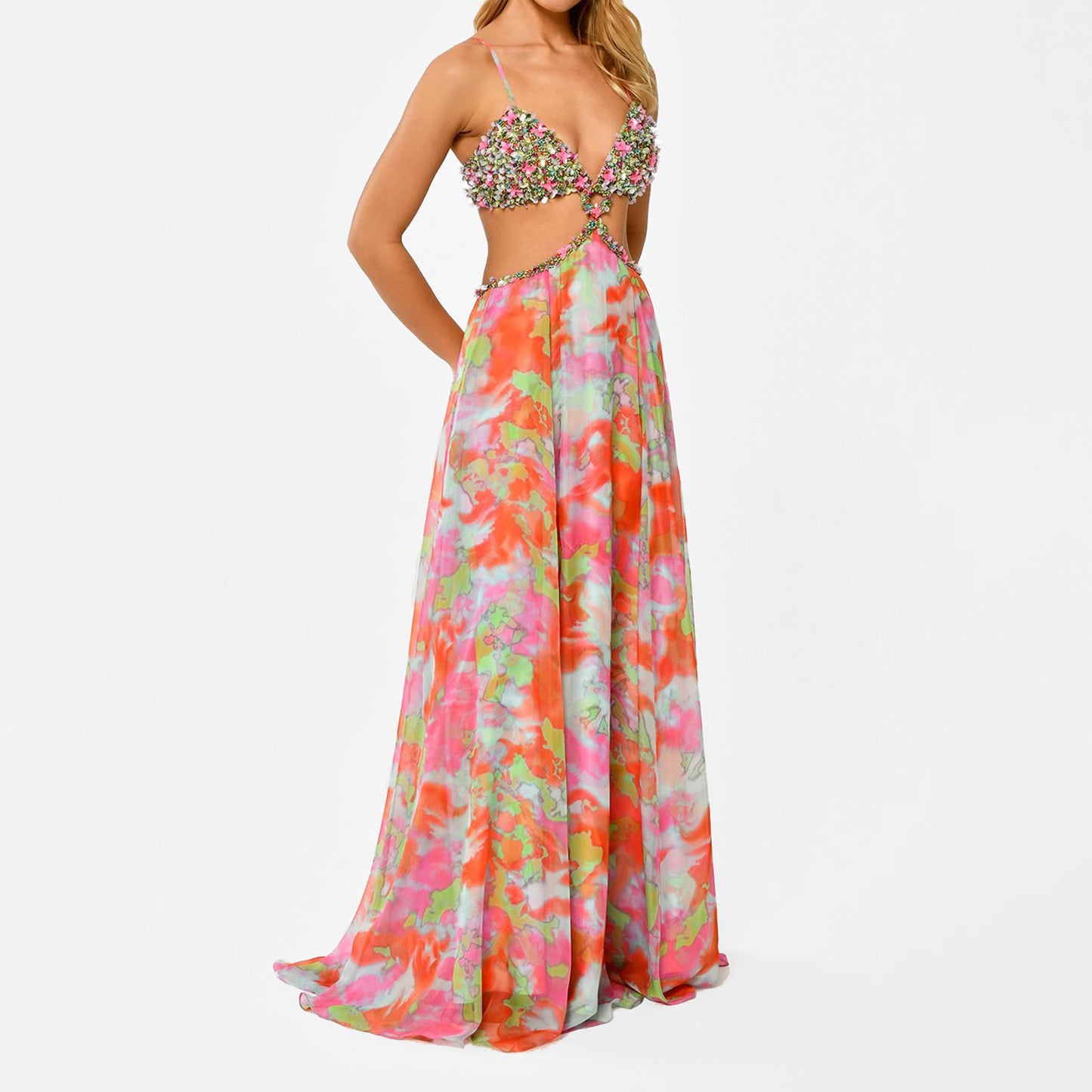 Lucia Multicolor Embellished Cutout Chiffon Dress