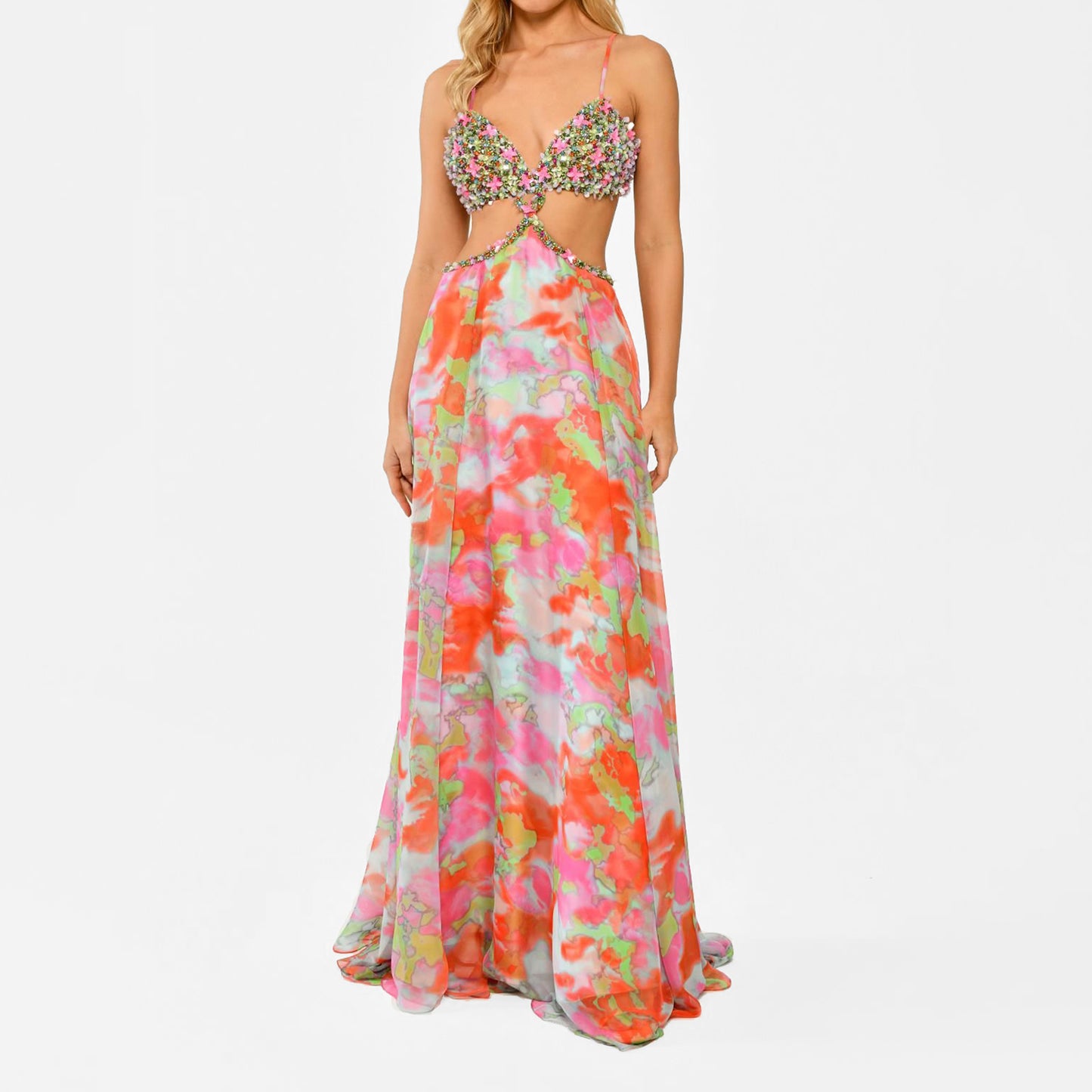 Lucia Multicolor Embellished Cutout Chiffon Dress