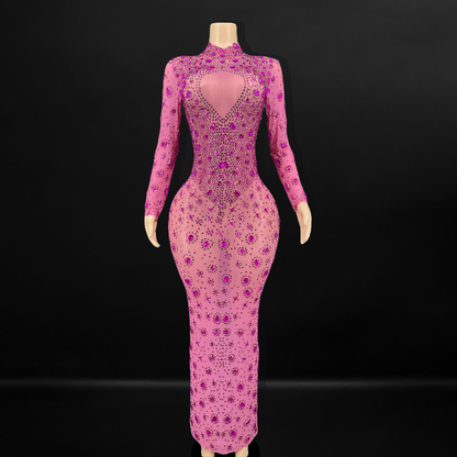 Pink Long Sleeve Crystal Rhinestone Dress