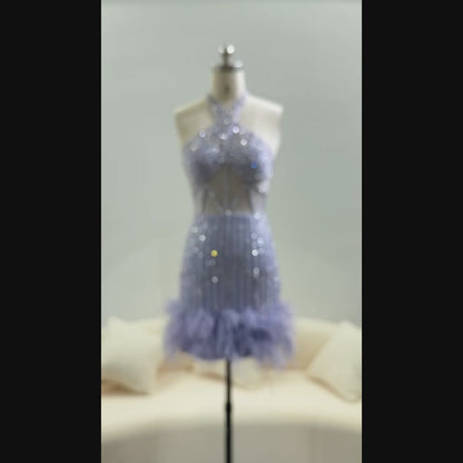 Feather and Rhinestone Beaded Bodice Mini Dress