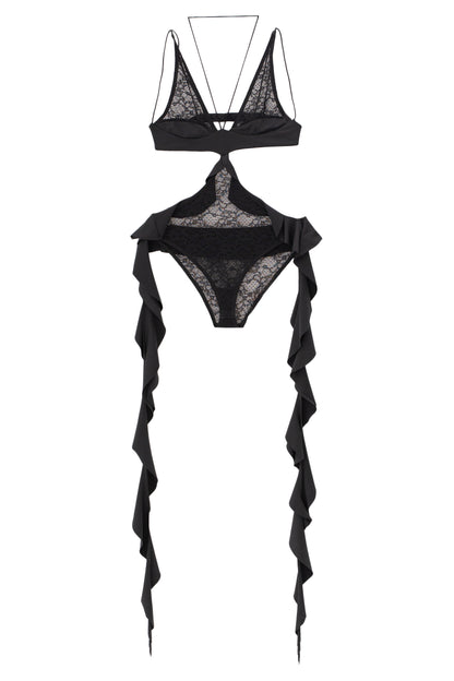 Ruffle-Trim Lace Bodysuit