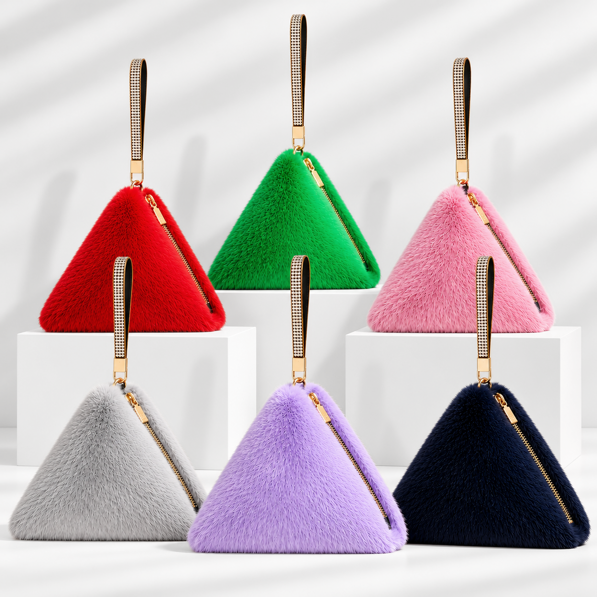 Pyramid Faux Fur Diamante Strap Bag Multiple Colors