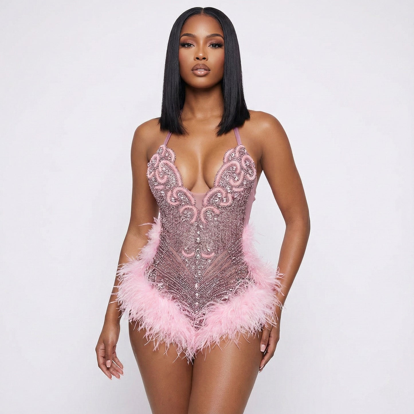 Mya Beaded Rhinestone Embellished Feather Mini Dress