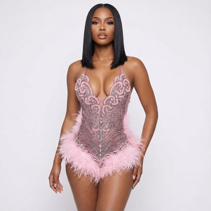 Mya Beaded Rhinestone Embellished Feather Mini Dress