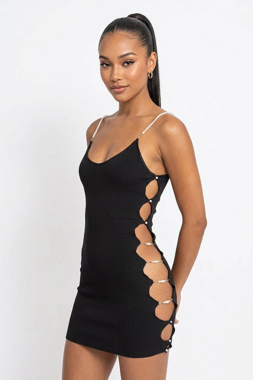 Knit Pearl Emebllished Cut Out Mini Dress