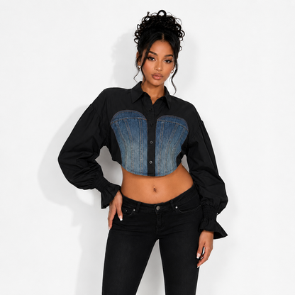Caley Denim Contrast Puff Sleeve Button-Up Crop Top