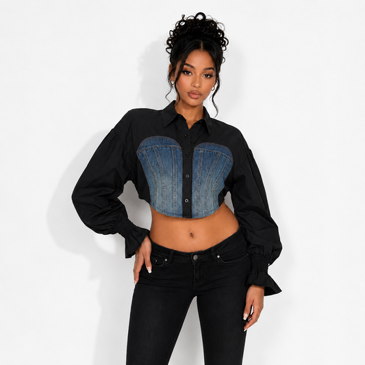 Caley Denim Contrast Puff Sleeve Button-Up Crop Top