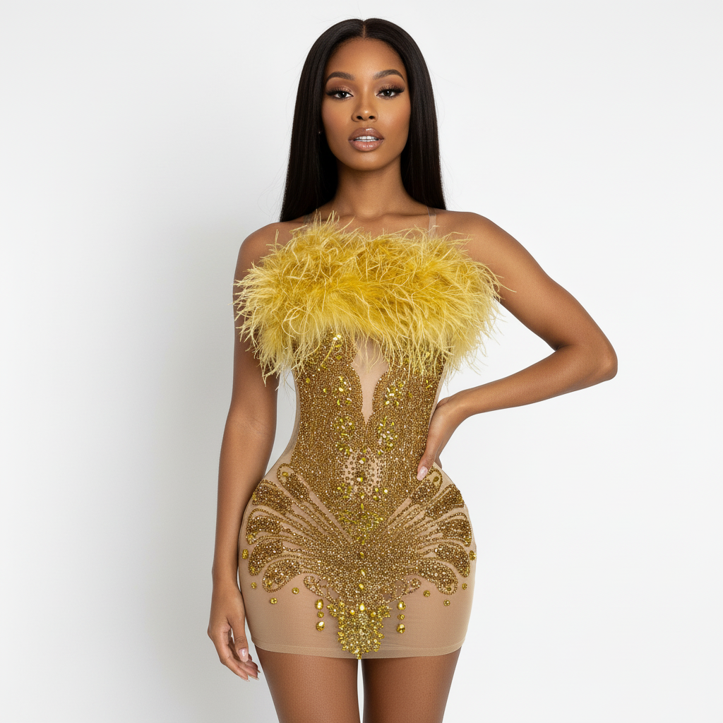 Juliana Rhinestone Beaded Feather Top Mini Dress