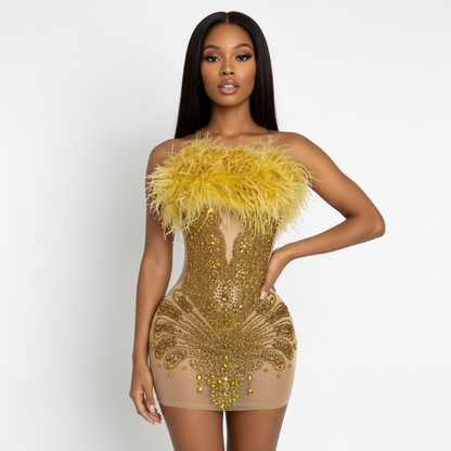 Juliana Rhinestone Beaded Feather Top Mini Dress