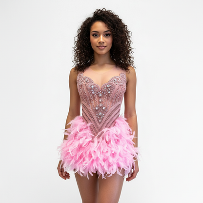 Aria Beaded Scalloped Feather Mini Dress