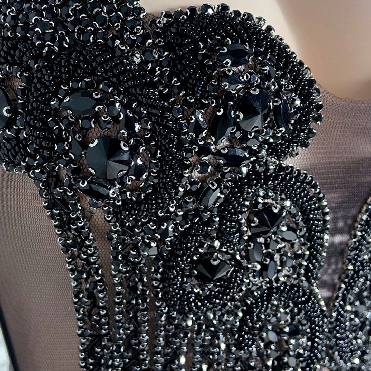 Amelia Black Beaded Scalloped Feather Mini Dress