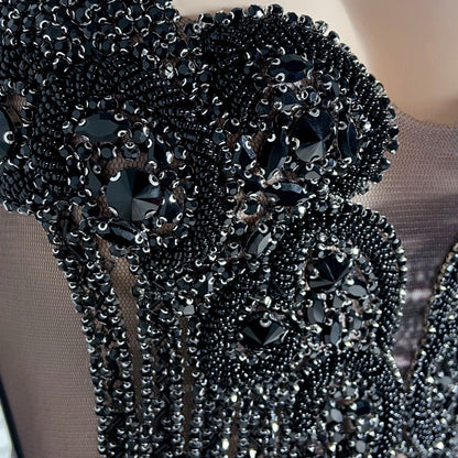 Amelia Black Beaded Scalloped Feather Mini Dress