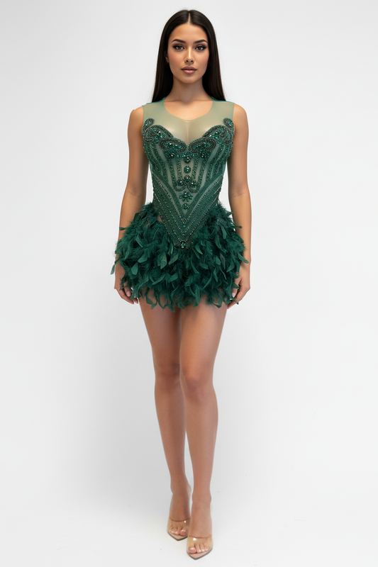 Aria Beaded Scalloped Feather Mini Dress