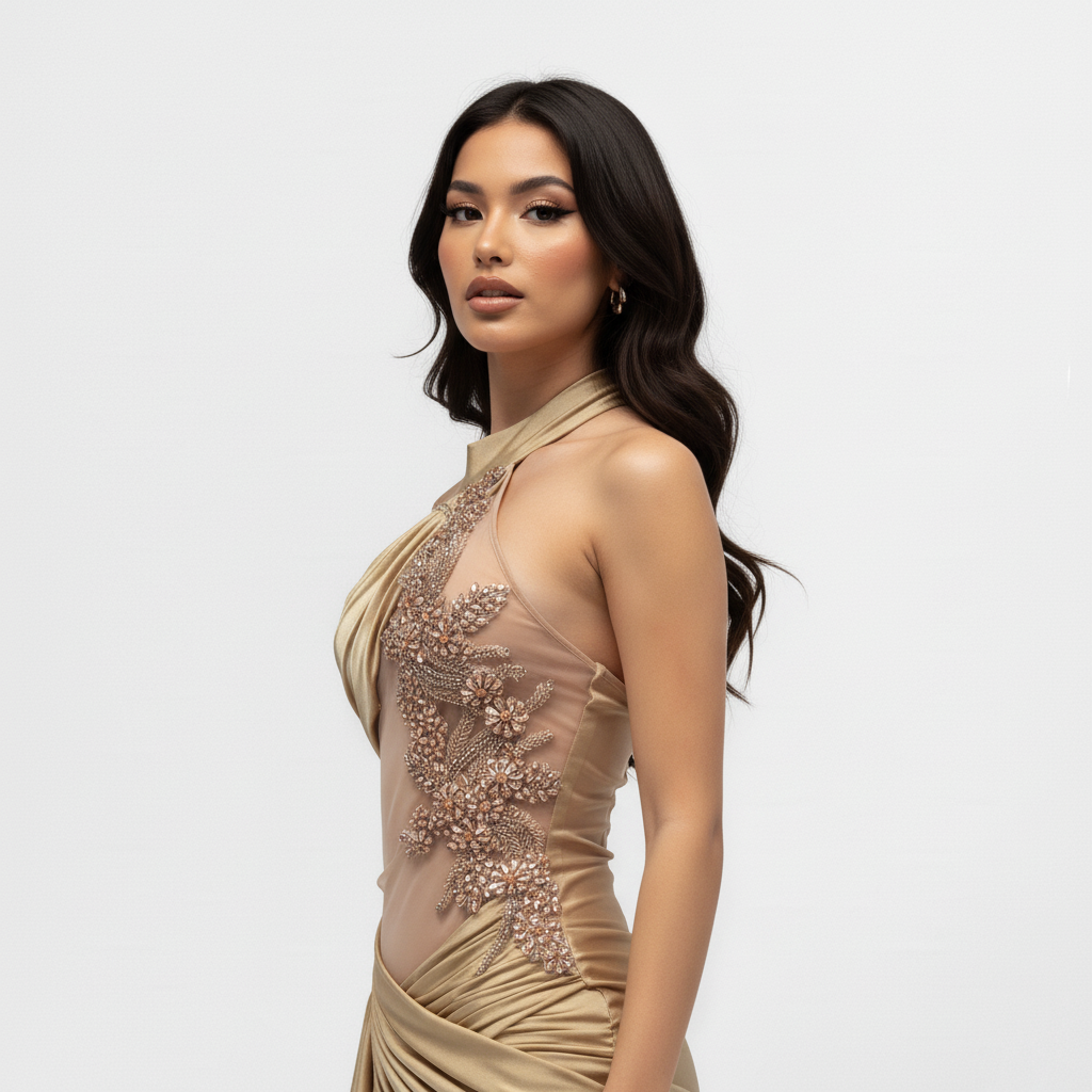 Delaney Front Rhinestone Embellished Motif Draped Side Train Mini Dress