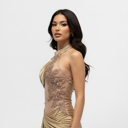 Delaney Front Rhinestone Embellished Motif Draped Side Train Mini Dress