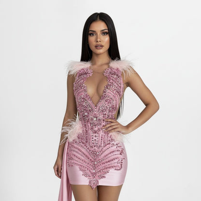 Genesis Rhinestone Embellished Feather Mini Dress With Train
