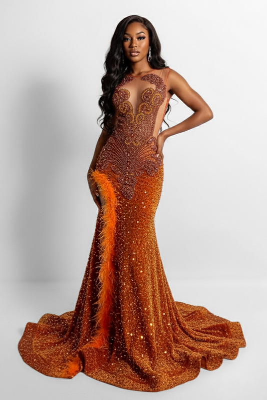 Remi Rhinestone Embellished Sequin Feather Gown