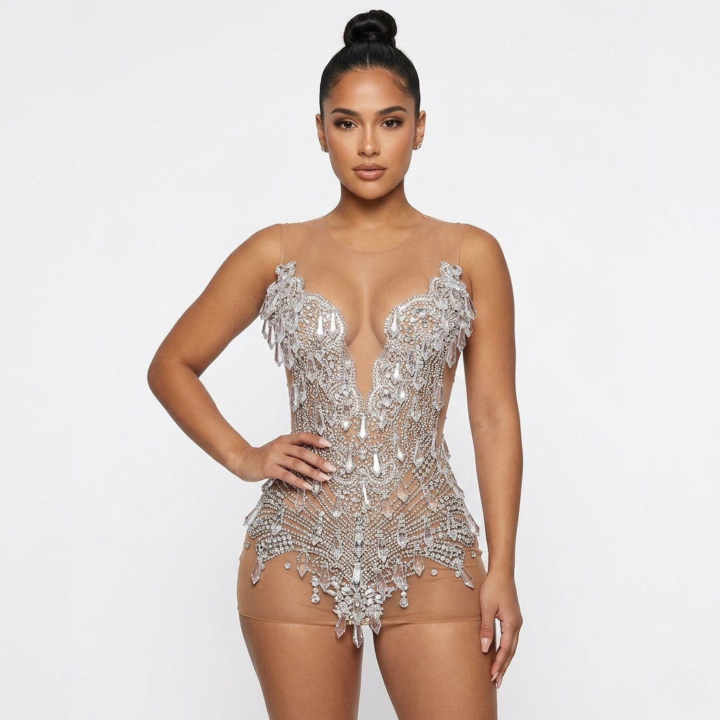Paris Sheer Rhinestone Embellished Mini Dress