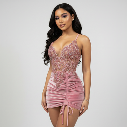 Aubrey Velvet Beaded Bodice Mini Dress