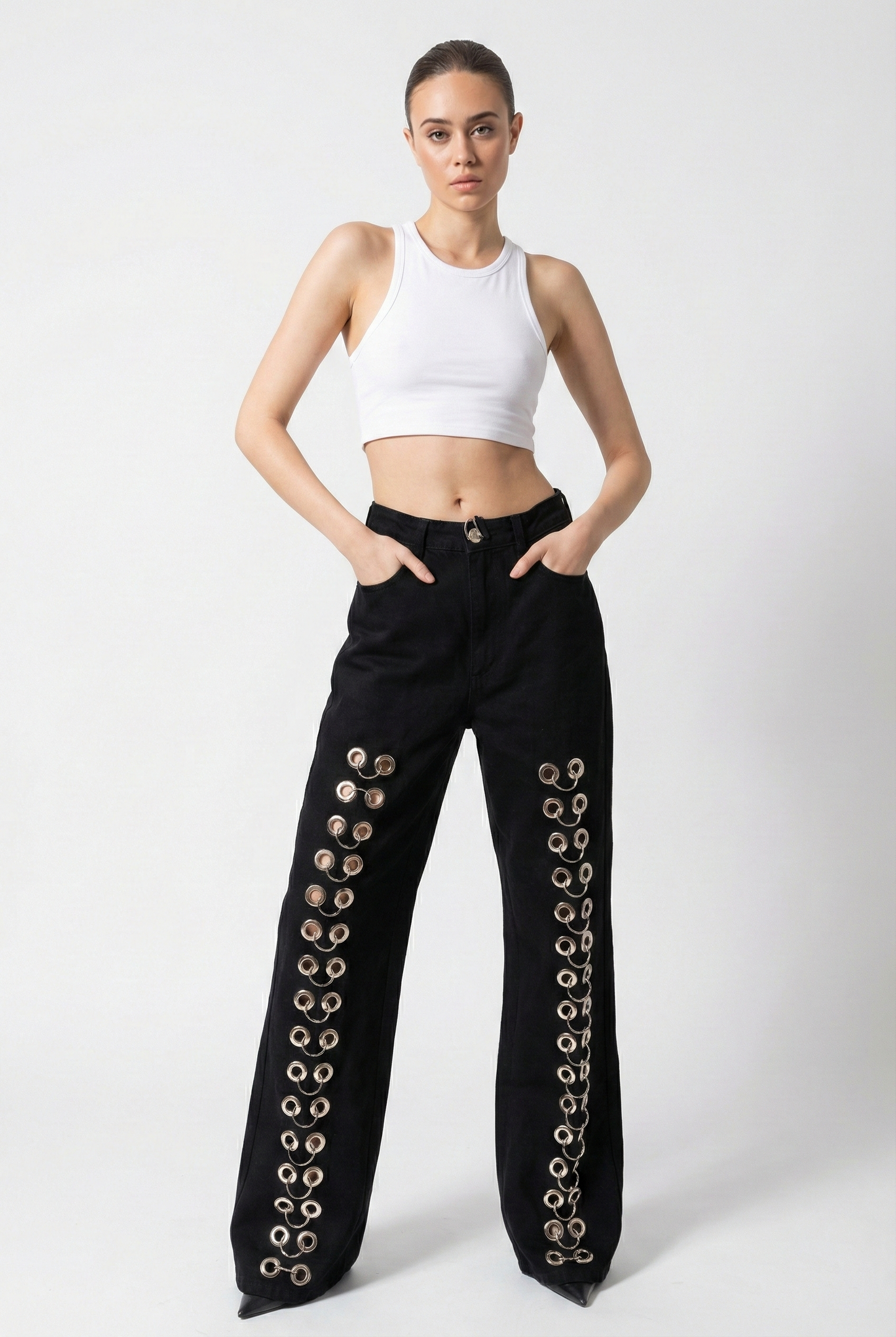 High Waisted Black Grommet Denim Jeans