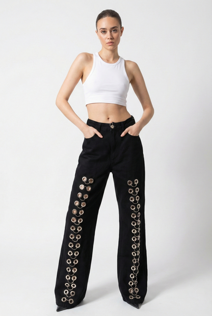 High Waisted Black Grommet Denim Jeans