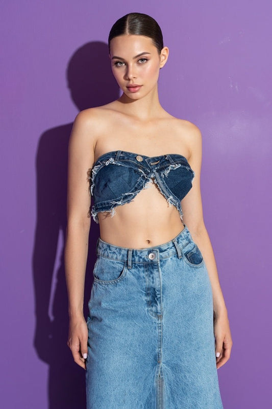 Frayed Denim Button Mini Strapless Tube Top