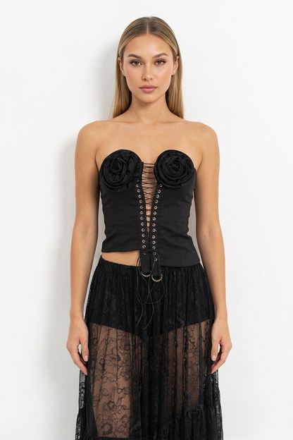 Strapless Black Rose Accent Lace-Up Eyelet Bustier
