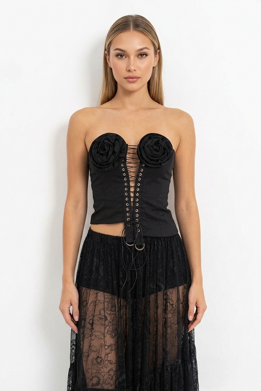 Strapless Black Rose Accent Lace-Up Eyelet Bustier
