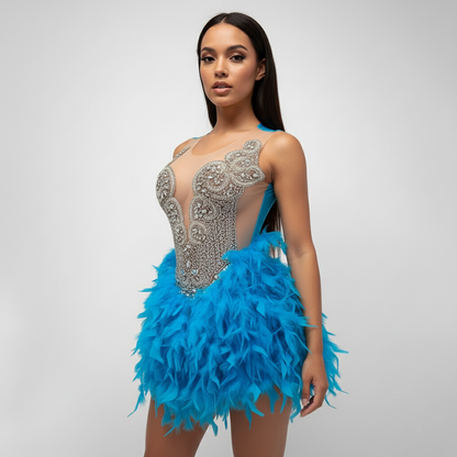 Harley Beaded Scalloped Feather Mini Dress