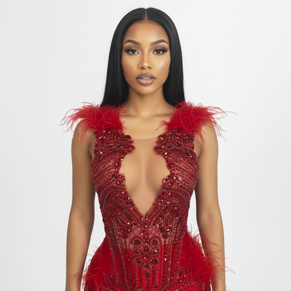 Genesis Rhinestone Embellished Feather Mini Dress With Train