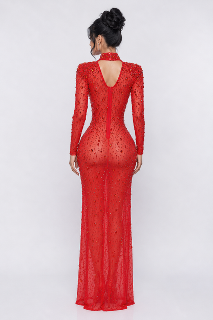 Ruby Rhinestone Dress with Thigh High Slit